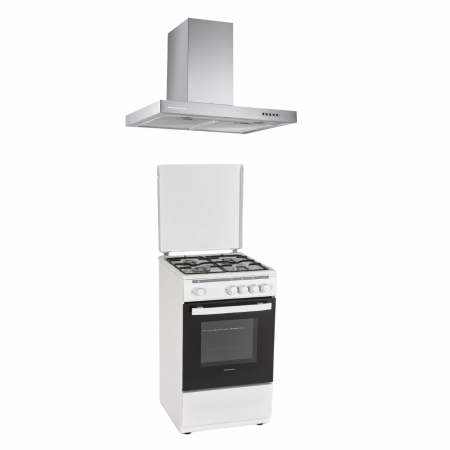 BUCATARIE - Pachet - Aragaz Heinner HFSC-V50WH, 4 arzatoare, Gaz, 50 cm, Alb + Hota Heinner HDCH-360TSS, Putere 308.1 m3/H, 60 cm, Inox