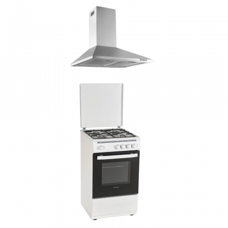 BUCATARIE - Pachet - Aragaz Heinner HFSC-V50WH, 4 arzatoare, Gaz, Dispozitiv de siguranta plita/cuptor, 50 cm, Alb + Hota decorativa 429.4 mc/h, LED, 60 cm