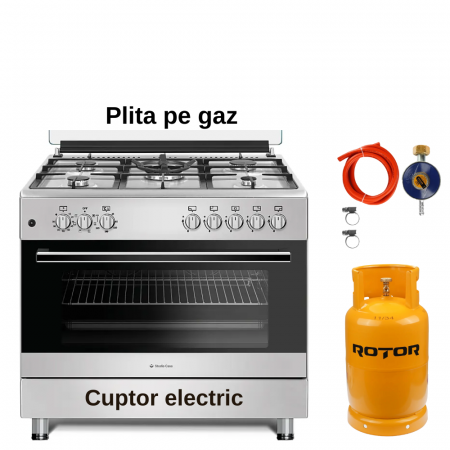 Aragaz mixt ( gaz si electric ) - Pachet Aragaz mixt 5 arzatoare gaz, Cuptor electric, Studio Casa, FE90/60 Multifunctional, Grill electric, Rotisor+ Butelie GPL 26L, Ceas Regulator, Furtun 2m și 2 Coliere
