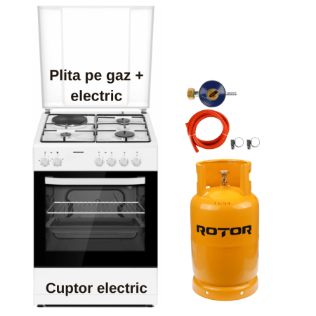 Aragaz mixt ( gaz si electric ) - Pachet - Aragaz mixt Heinner HFSC-S60E1HSWH, 3 arzatoare gaz + 1 plita electrica, cuptor electric, clasa A + Butelie GPL 26L, Ceas Regulator, Furtun și 2 Coliere