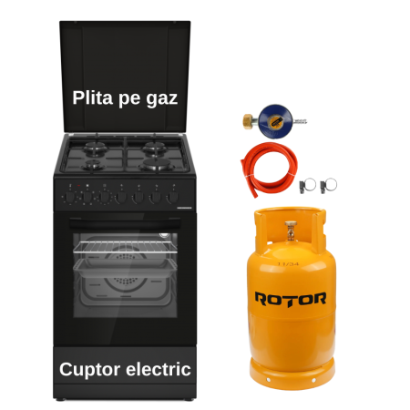 Aragaz mixt ( gaz si electric ) - Pachet - Aragaz mixt Heinner HFSC-S60LITGC-BK, 50x60 cm, Clasa A, 7 functii + Butelie GPL 26L, Ceas Regulator, Furtun și 2 Coliere