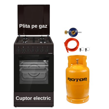 Aragaz mixt ( gaz si electric ) - Pachet - Aragaz mixt Heinner HFSC-S60LITGC-BRW, 50x60 cm, Clasa A, 7 functii, 4 Arzătoare, Cuptor Electric + Butelie GPL 26L, Ceas Regulator, Furtun și 2 Coliere