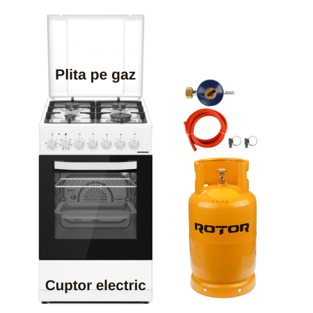 Electronice & Electrocasnice - Pachet - Aragaz mixt Heinner HFSC-S65MIXF-WH, 50x60 cm, 4 Arzătoare, Cuptor Electric, Grill, Ventilație + Butelie GPL 26L, Ceas Regulator, Furtun și 2 Coliere