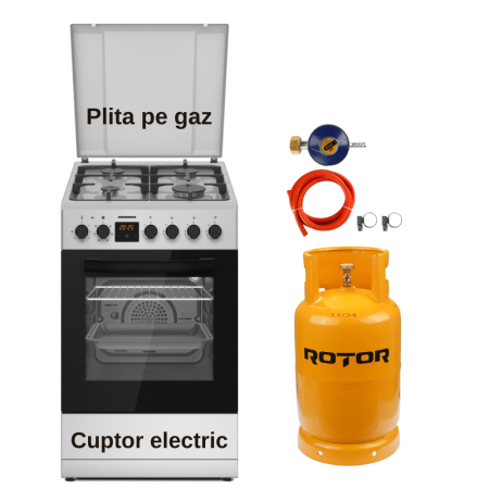 Aragaz mixt ( gaz si electric ) - Pachet - Aragaz mixt Heinner HFSC-S65MIXFD-SL, 50x60 cm, 4 Arzătoare, Cuptor electric, Clasa A, Grill, Ventilație + Butelie GPL 26L, Ceas Regulator, Furtun și 2 Coliere