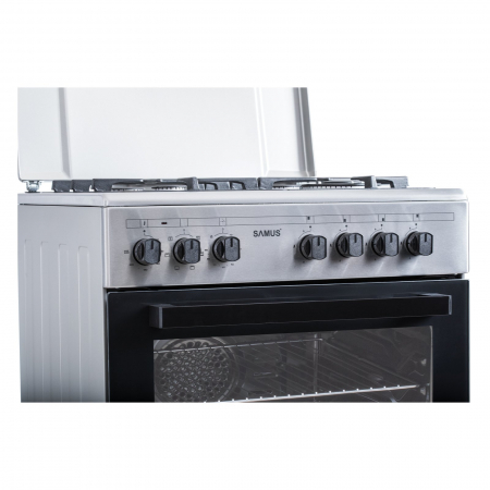 Pachet Aragaz Mixt Samus SM662AENS1, 4 Arzătoare Gaz, Arzător WOK, Cuptor Electric 56L, 7 Funcții, Grill, Timer, Inox+ Butelie GPL 26L, Ceas Regulator, Furtun 2m și 2 Coliere [10]