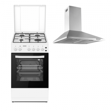 Aragazuri si plite - Pachet - Aragaz pe Gaz + GPL Heinner HFSC-S60LITGWH, Aprindere Electrică, Timer, Grill, Alb, 50x60 cm + Hota decorativa Heinner DCH-450X, absorbtie 429.4 mc/h, Iluminare LED, 60 cm, Inox