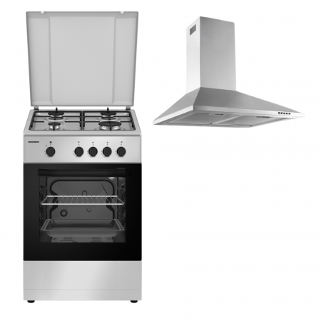 Aragazuri si plite - Pachet - Aragaz pe gaz + GPL Heinner HFSC-SME50SL, 50X50 cm, dispozitiv de siguranta plita si cuptor + Hota decorativa Heinner DCH-450X, putere de absorbtie 429.4 mc/h, Iluminare LED, 60 cm, Inox