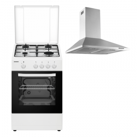 Aragazuri si plite - Pachet - Aragaz pe gaz + GPL Heinner HFSC-SME50WH, 50X50 cm, usa cuptor cu geam dublu, ALB + Hota decorativa Heinner DCH-450X, putere de absorbtie 429.4 mc/h, Iluminare LED, 60 cm, Inox