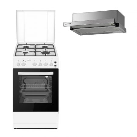 Aragazuri si plite - Pachet - Aragaz pe Gaz + GPLHeinner HFSC-S60LITGWH, Aprindere Electrică, Timer, Grill, Alb, 50x60 cm + Hota telescopica Heinner HTCH-440FS, absorbtie 325 mc/h, 60 cm, Inox