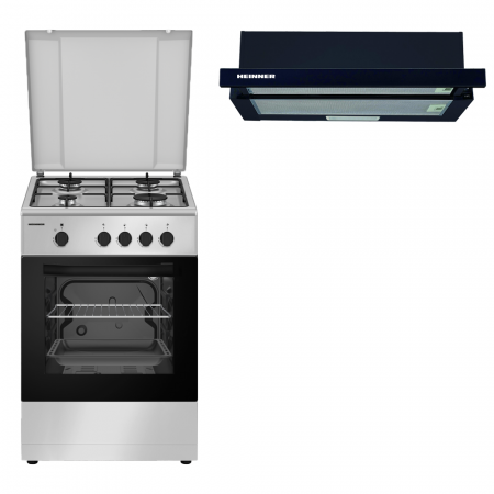 Aragaz pe gaz ( GPL ) - Pachet - Aragaz pe gaz Heinner, 50X50 cm, 4 arzatoare, dispozitiv de siguranta plita si cuptor, duze GPL + Hota incorporabila telescopica Heinner absorbtie 325 mc/h, 1 motor, 60 cm