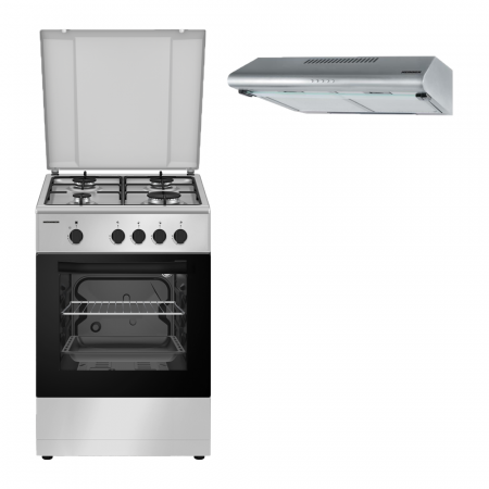 Aragazuri si plite - Pachet - Aragaz pe gaz Heinner, 50X50 cm, 4 arzatoare, dispozitiv de siguranta plita si cuptor, duze GPL + Hotă Inox, 60 cm, 2 Motoare, 326.4 m³/h, LED