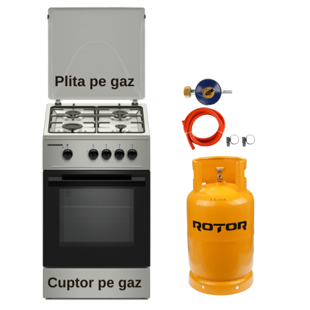 Aragaz pe gaz ( GPL ) - Pachet - Aragaz pe gaz Heinner HFSC-K50SL, 4 arzătoare, 50 cm, Duze GPL incluse​​​​​​​ + Butelie GPL 26L, Ceas Regulator, Furtun și 2 Coliere
