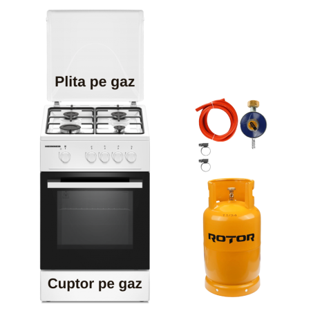 Aragaz pe gaz ( GPL ) - Pachet - Aragaz pe gaz Heinner HFSC-K50WH, 4 arzătoare, 50 cm, Duze GPL incluse + Butelie GPL 26L, Ceas Regulator, Furtun și 2 Coliere