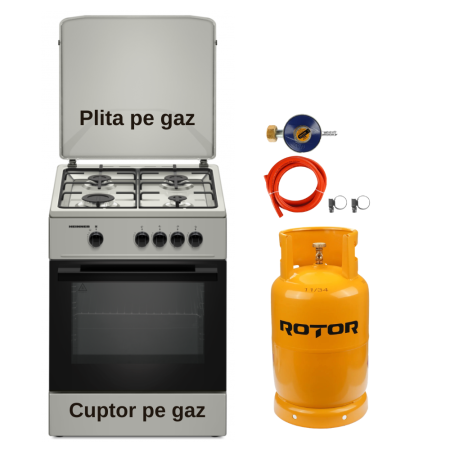 Aragaz pe gaz ( GPL ) - Pachet - Aragaz pe gaz Heinner HFSC-K6060SL, 4 arzătoare, Duze GPL incluse, 60 cm, Aprindere electrică + Butelie GPL 26L, Ceas Regulator, Furtun și 2 Coliere