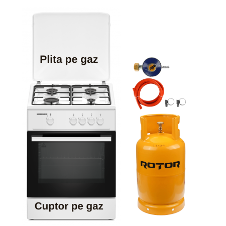 Aragaz pe gaz ( GPL ) - Pachet - Aragaz pe gaz Heinner HFSC-K6060WH, 4 arzătoare, Aprindere electrică plită, Siguranță flacără, 60 x 60 cm, Alb + Butelie GPL 26L, Ceas Regulator, Furtun și 2 Coliere
