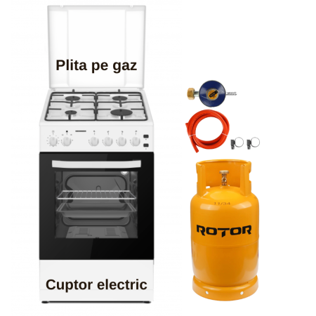 Aragaz mixt ( gaz si electric ) - Pachet - Aragaz pe gaz Heinner HFSC-S60LITGWH, 4 arzătoare, Grill, Timer, Aprindere electrică plită și cuptor + Butelie GPL 26L, Ceas Regulator, Furtun și 2 Coliere
