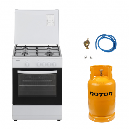 Aragazuri si plite - Pachet - Aragaz pe Gaz Heinner HFSC-SME60WH, 4 Arzătoare, Dispozitiv Siguranță Plită și Cuptor, Capac Metalic, Duze GPL Incluse, Alb, 60x55 cm + Butelie 26 L