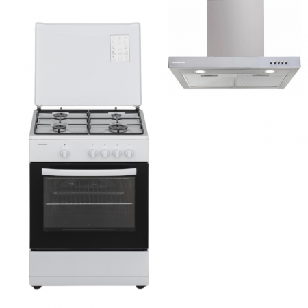Aragazuri si plite - Pachet - Aragaz pe Gaz Heinner HFSC-SME60WH, 4 Arzătoare, Dispozitiv Siguranță Plită și Cuptor, Capac Metalic, Duze GPL Incluse, Alb, 60x55 cm + Hota HEINNER HDCH-360TSS
