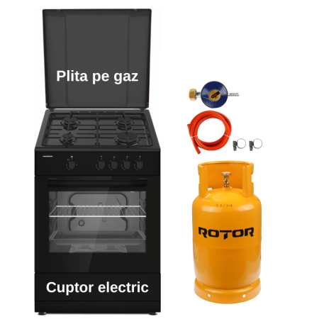Electronice & Electrocasnice - Pachet - Aragaz pe gaz Heinner HFSC-SME66IBK, 4 arzătoare, Aprindere electrică plită și cuptor, Siguranță plită și cuptor, 60 x 60 cm, Negru + Butelie GPL 26L, Ceas Regulator, Furtun și 2 Coliere