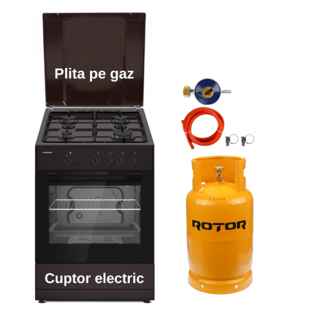 Aragaz mixt ( gaz si electric ) - Pachet - Aragaz pe gaz Heinner HFSC-SME66IBRW, 4 arzătoare, Aprindere electrică plită și cuptor, Siguranță plită și cuptor, 60 x 60 cm, Maro + Butelie GPL 26L, Ceas Regulator, Furtun și 2 Coliere