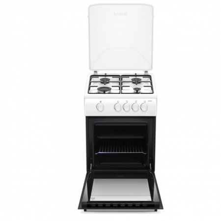 Pachet Aragaz pe gaz Samus SM561ABS, cuptor pe gaz, dispozitiv siguranta plita si cuptor, geam dublu la cuptor, capac metalic+Butelie GPL 26L, Ceas Regulator, Furtun 2m și 2 Coliere [2]
