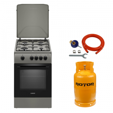 Aragaz pe gaz ( GPL ) - Pachet Aragaz pe gaz Samus SM561BSS, 4 arzatoare, cuptor pe gaz, dispozitiv siguranta plita si cuptor, geam dublu la cuptor, capac metalic+  Butelie GPL 26L, Ceas Regulator, Furtun 2m și 2 Coliere