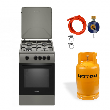 Aragazuri si plite - Pachet Aragaz pe gaz Samus SM561BSS, 4 arzatoare, cuptor pe gaz, dispozitiv siguranta plita si cuptor, geam dublu la cuptor, capac metalic+ Butelie GPL 26L, Ceas Regulator, Furtun 2m și 2 Coliere