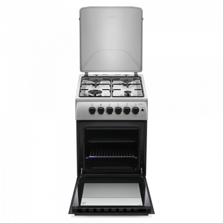 Pachet Aragaz pe gaz Samus SM561XPBS, 4 arzatoare, cuptor pe gaz, aprindere electrica plita, dispozitiv siguranta plita si cuptor, geam dublu la cuptor+Butelie GPL 26L, Ceas Regulator, Furtun 2m și 2 [2]