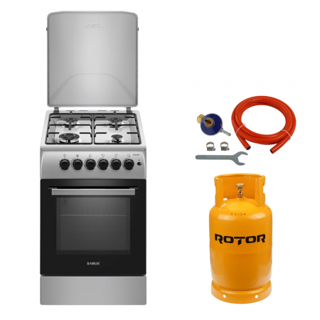 Aragaz pe gaz ( GPL ) - Pachet Aragaz pe gaz Samus SM561XPBS, 4 arzatoare, cuptor pe gaz, aprindere electrica plita, dispozitiv siguranta plita si cuptor, geam dublu la cuptor+Butelie GPL 26L, Ceas Regulator, Furtun 2m și 2