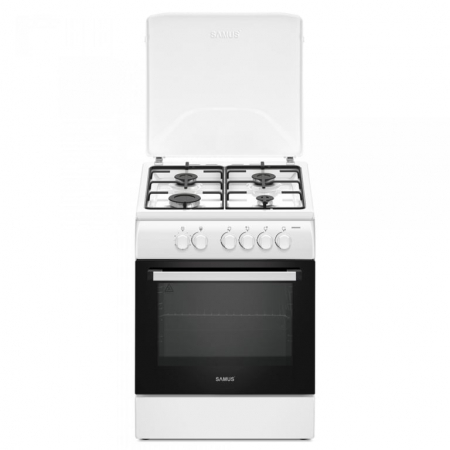 Pachet Aragaz pe gaz Samus SM664ANS, 4 arzatoare, cuptor pe gaz, dispozitiv siguranta plita si cuptor, timer, geam dublu la cuptor+ Butelie GPL 26L, Ceas Regulator, Furtun 2m și 2 Coliere [1]