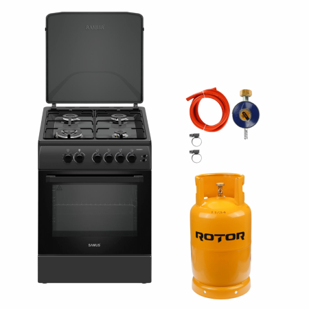 Pachet - Aragaz pe gaz Samus SM664BPGS, 4 arzatoare, cuptor pe gaz, 1 arzator Wok, aprindere electrica, dispozitiv siguranta plita si cuptor, timer, grill, Antracit + Butelie GPL 26L, Ceas Regulator, [0]