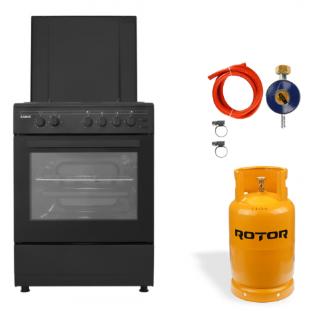 Aragaz pe gaz ( GPL ) - Pachet Aragaz pe gaz Samus SM667APGS Antracit, 4 arzatoare, 1 arzator Wok, aprindere electrica, grill, timer, lumina interioara, Antracit+ Butelie GPL 26L, Ceas Regulator, Furtun 2m și 2 Coliere