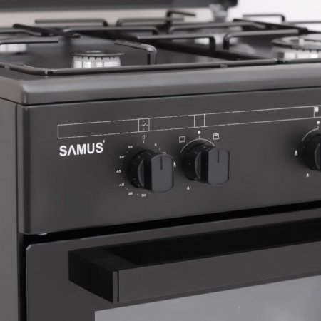 Pachet Aragaz pe gaz Samus SM667APGS Antracit, 4 arzatoare, 1 arzator Wok, aprindere electrica, grill, timer, lumina interioara, Antracit+ Butelie GPL 26L, Ceas Regulator, Furtun 2m și 2 Coliere [5]