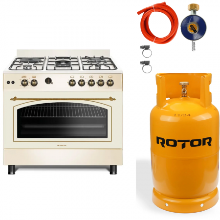Aragaz pe gaz ( GPL ) - Pachet Aragaz rustic 4 arzatoare gaz + 1 ochi electric, Cuptor gaz, Studio Casa Avena, FE90/60, rotisor, grill, gratare fonta+ Butelie GPL 26L, Ceas Regulator, Furtun 2m și 2 Coliere