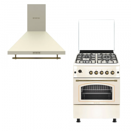 Hote Decorative - Pachet - Aragaz rustic 4 arzatoare gaz, Cuptor pe gaz, Studio Casa SIERRA VIVA 60/60 CREAM, Rotisor, Grill gaz, Ventilatie Turbo, gratare fonta + Hota decorativa Studio Casa Onda Beige Turbo, 60 cm