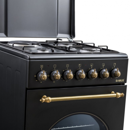 Pachet Aragaz Rustic Samus SR550EL3B1 – 3 Arzătoare pe Gaz + 1 Electric, Cuptor Electric 48L, Siguranță și Design Vintage Negru+ Butelie GPL 26L, Ceas Regulator, Furtun 2m și 2 Coliere [7]