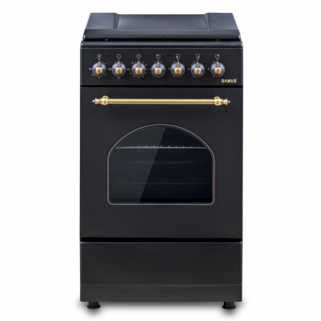 Pachet Aragaz Rustic Samus SR550EL3B1 – 3 Arzătoare pe Gaz + 1 Electric, Cuptor Electric 48L, Siguranță și Design Vintage Negru+ Butelie GPL 26L, Ceas Regulator, Furtun 2m și 2 Coliere [3]