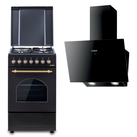 Electronice & Electrocasnice - Pachet- Aragaz Rustic Samus SR550EL3B1 – 3 Arzătoare pe Gaz + 1 Electric, Cuptor Electric 48L, Siguranță și Design Vintage Negru+ Hota decorativa inclinata Samus HSI665DGB, 650 mc/h, 1 motor, latime 6