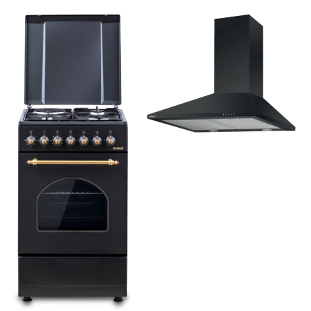 Electronice & Electrocasnice - Pachet- Aragaz Rustic Samus SR550EL3B1 – 3 Arzătoare pe Gaz + 1 Electric, Cuptor Electric 48L, Siguranță și Design Vintage Negru + Hota decorativa Samus HS630DLB, tip turn, 1 motor, latime 60 cm, filt