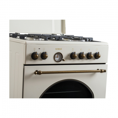 Pachet - Aragaz Rustic Samus SR660EL1CW – 4 arzătoare pe gaz (1 Wok), + Diuze GPL, cuptor electric 56L, 6 funcții, aprindere electrică, timer analogic + Hota decorativa Samus HS604DHR, Putere absorbti [6]