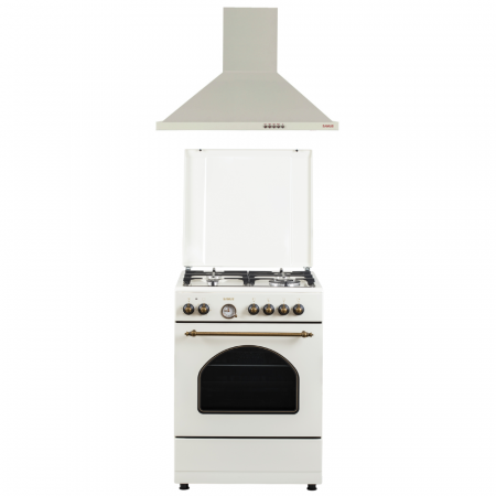 Hote Decorative - Pachet - Aragaz Rustic Samus SR660EL1CW – 4 arzătoare pe gaz (1 Wok), + Diuze GPL, cuptor electric 56L, 6 funcții, aprindere electrică, timer analogic + Hota decorativa Samus HS604DHR, Putere absorbti