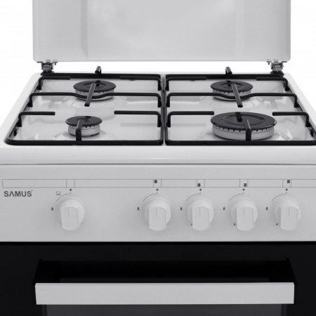 Pachet Aragaz Samus SM450ANS, 4 arzătoare, cuptor pe gaz 49L, siguranță plită + cuptor, alb, 50x50 cm+ Butelie GPL 26L, Ceas Regulator, Furtun 2m și 2 Coliere [4]