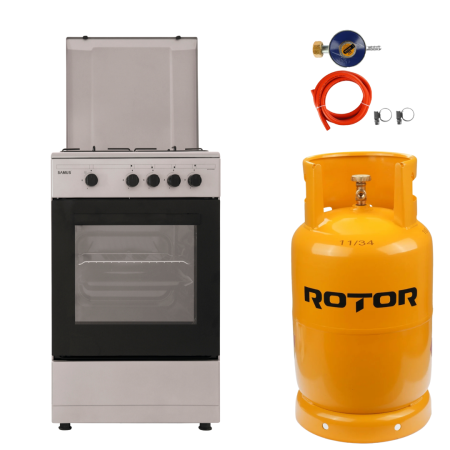 Aragazuri si plite - Pachet - Aragaz Samus SM450BSS, 4 arzătoare, 50x50 cm, cuptor pe gaz 49L, diuze pentru butelie + Butelie GPL 26L, ceas regulator