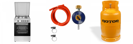 Aragazuri si plite - Pachet Aragaz Samus SM450XPBS, inox, 4 arzătoare, cuptor pe gaz 49L, aprindere electrică, lumină cuptor, 50x50 cm+ Butelie GPL 26L,  Ceas Regulator, Furtun 2m și 2 Coliere