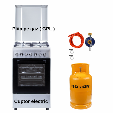 Aragaz mixt ( gaz si electric ) - Pachet - Aragaz Samus SM562AENS1 – 4 arzătoare pe gaz, cuptor electric 56L, aprindere electrică, timer, inox, design modern + Butelie GPL 26L, Ceas Regulator, Furtun 2m și 2 Coliere