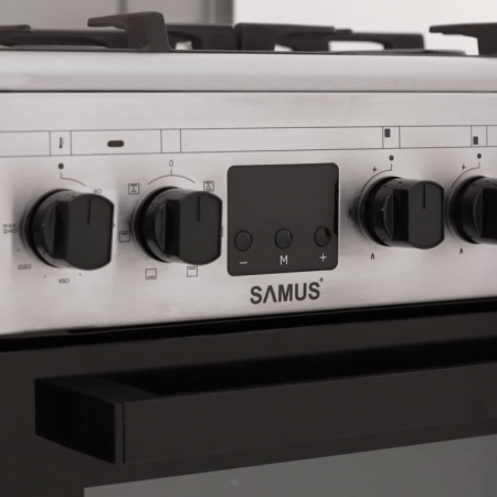 Pachet Aragaz Samus SM563AENS, 4 arzatoare pe gaz, cuptor electric, 7 functii, grill, timer digital, Argintiu+ Butelie GPL 26L, Ceas Regulator, Furtun 2m și 2 Coliere [7]
