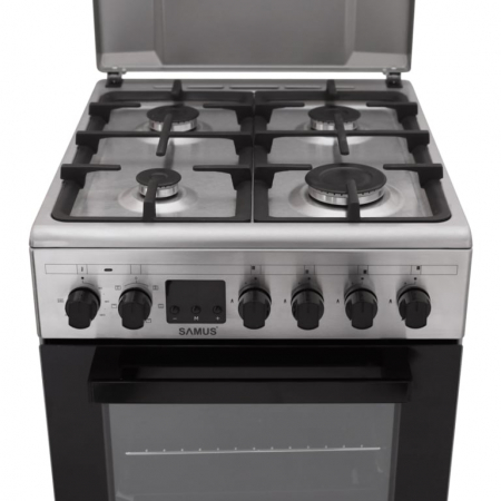 Pachet Aragaz Samus SM563AENS, 4 arzatoare pe gaz, cuptor electric, 7 functii, grill, timer digital, Argintiu+ Butelie GPL 26L, Ceas Regulator, Furtun 2m și 2 Coliere [6]