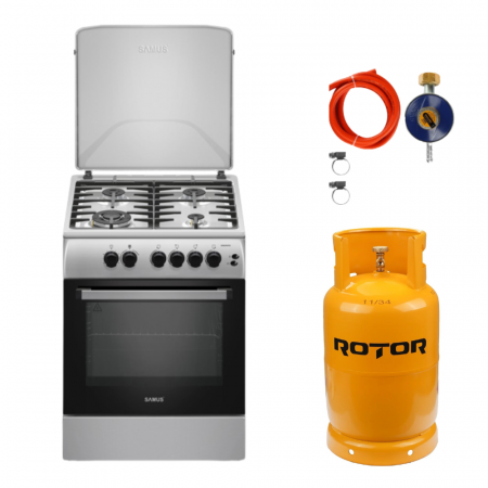 Aragaz pe gaz ( GPL ) - Pachet - Aragaz Samus SM664XPGS1 – 4 arzătoare pe gaz (1 Wok), cuptor pe gaz, aprindere electrică, grill pe gaz, timer + Butelie GPL 26L, Ceas Regulator, Furtun și 2 Coliere
