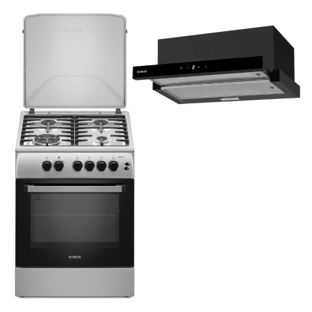 Electronice & Electrocasnice - Pachet- Aragaz Samus SM664XPGS1 – 4 arzătoare pe gaz (1 Wok), cuptor pe gaz, aprindere electrică, grill pe gaz, timer+ Hota incorporabila Samus HS6032DTGB, 326 mc/h, 1 motor, latime 60 cm, filtru din