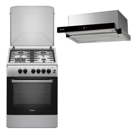 Electronice & Electrocasnice - Pachet- Aragaz Samus SM664XPGS1 – 4 arzătoare pe gaz (1 Wok), cuptor pe gaz, aprindere electrică, grill pe gaz, timer + Hota incorporabila Samus HS6032DTGX, 1 motor, latime 60 cm, 3 trepte absorbtie